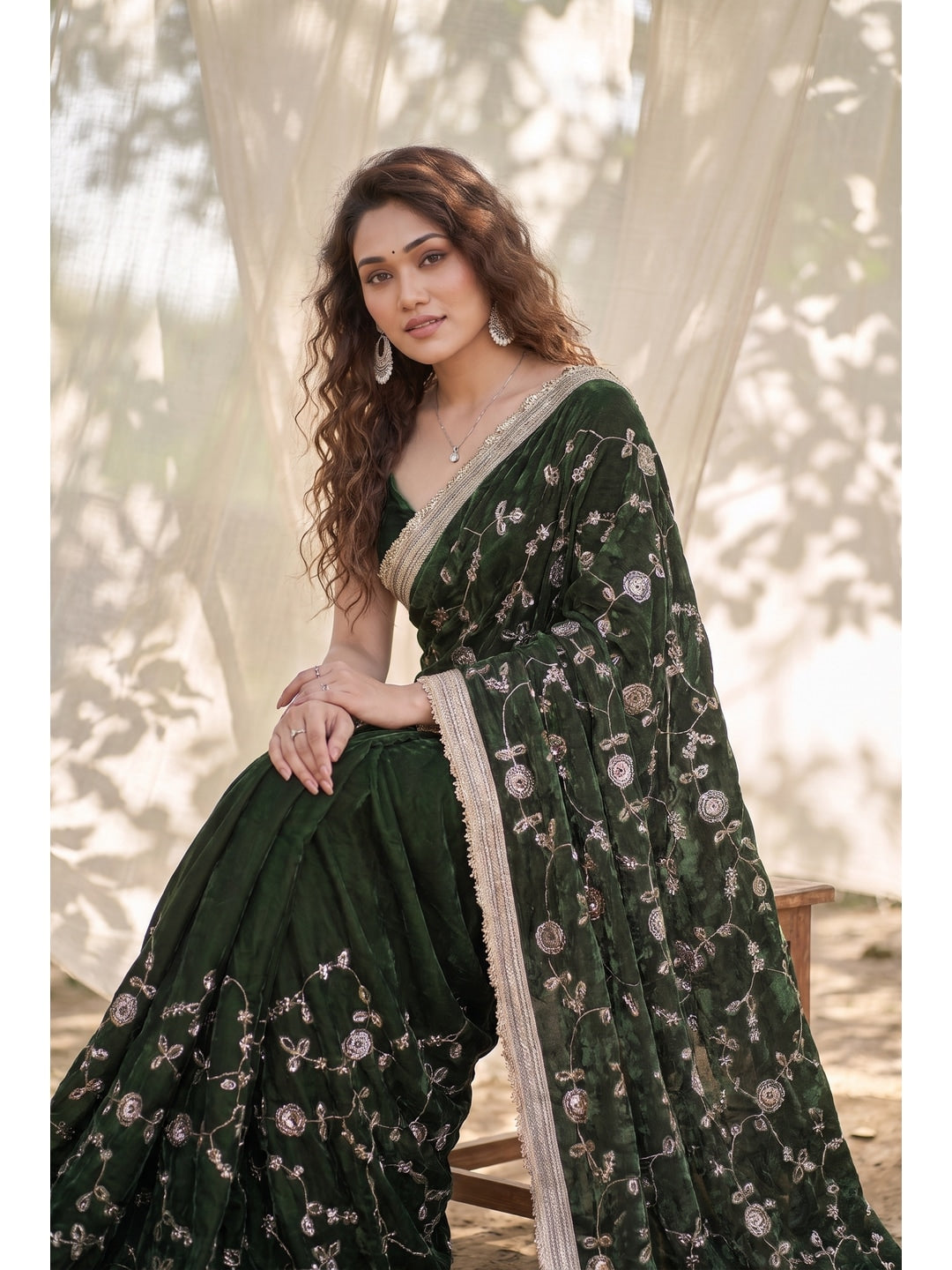 Peachmode Green Embroidered Satin Saree - Image 3