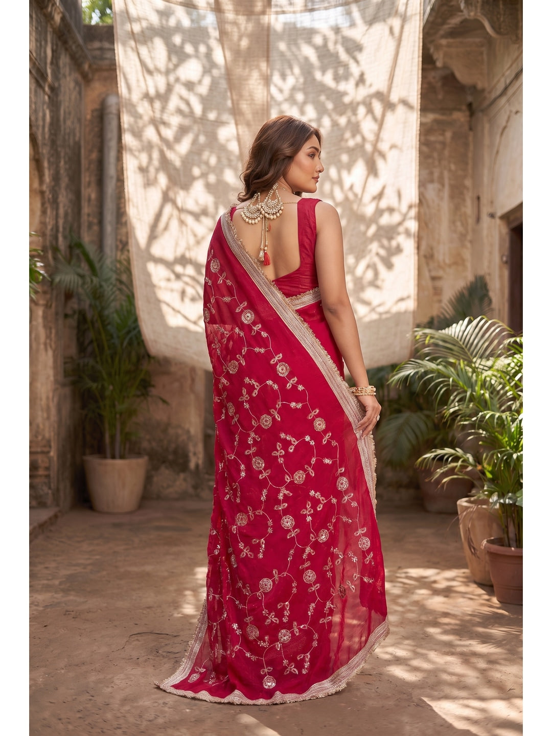 Peachmode Pink Embroidered Satin Saree - Image 2
