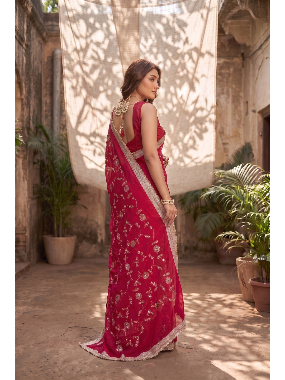 Peachmode Pink Embroidered Satin Saree - Image 3