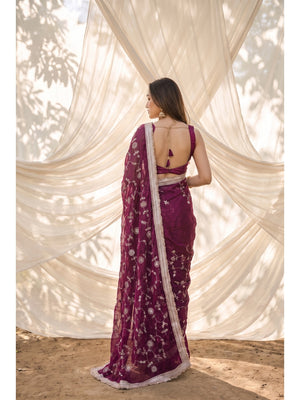 Peachmode Purple Embroidered Satin Saree - Image 2