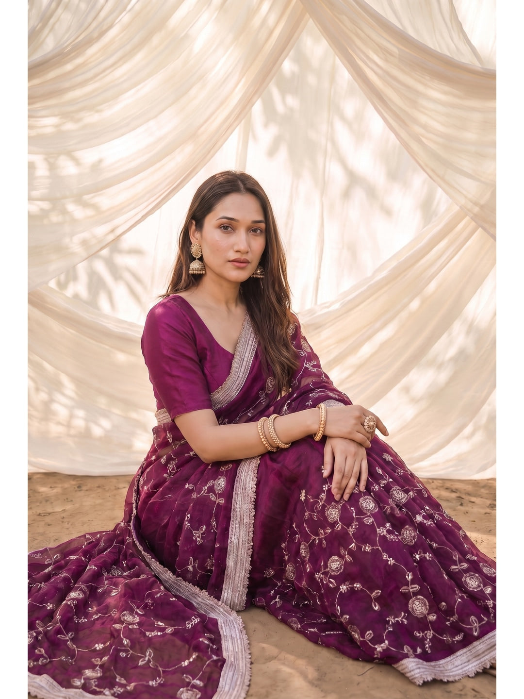 Peachmode Purple Embroidered Satin Saree - Image 4
