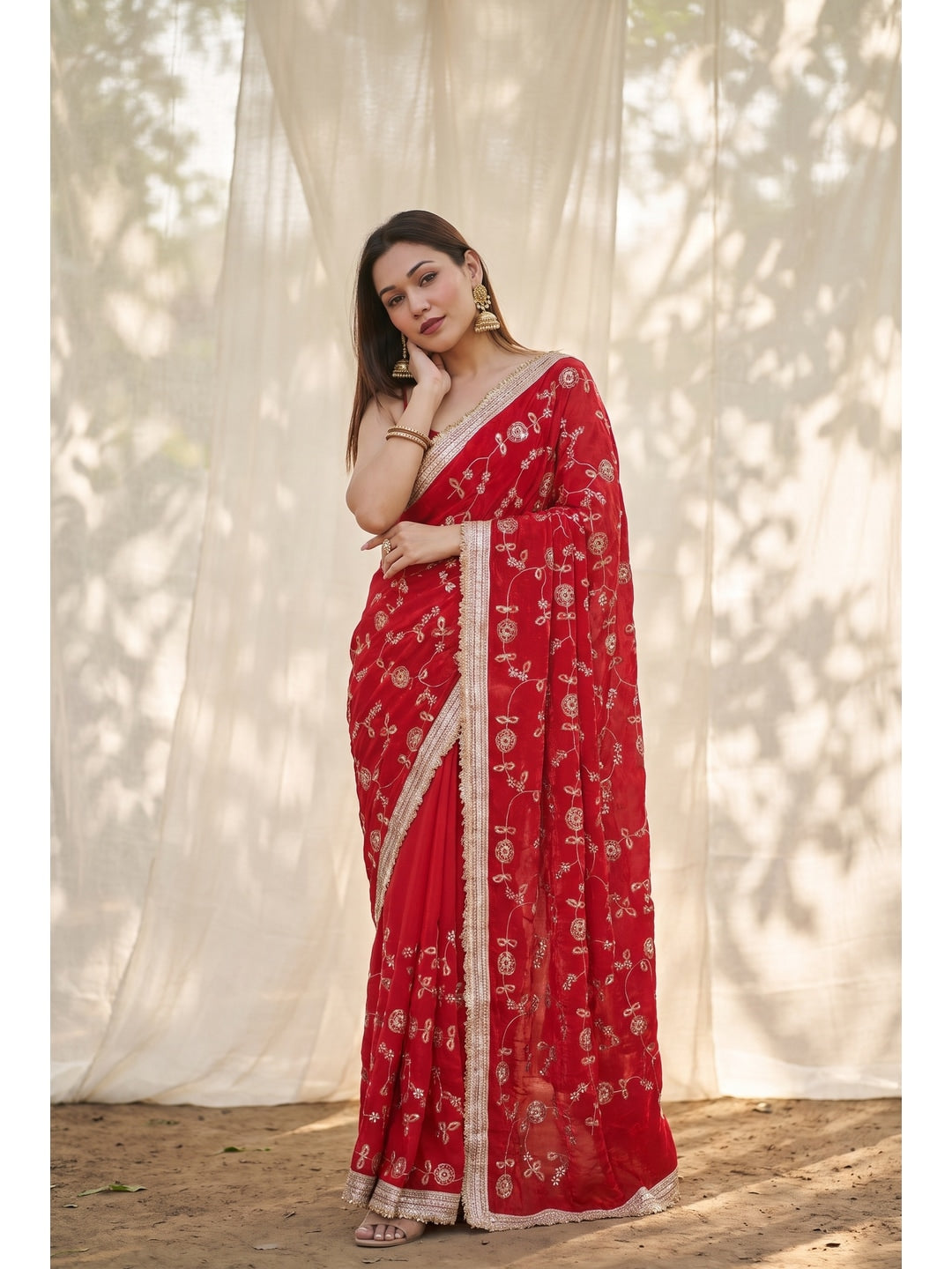 Peachmode Red Embroidered Satin Saree - Image 1