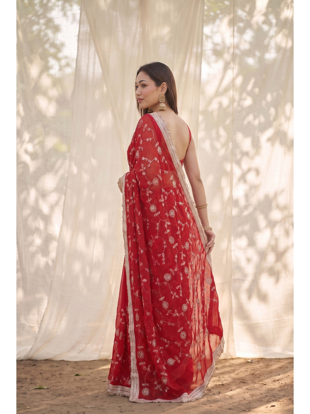 Peachmode Red Embroidered Satin Saree - Image 3