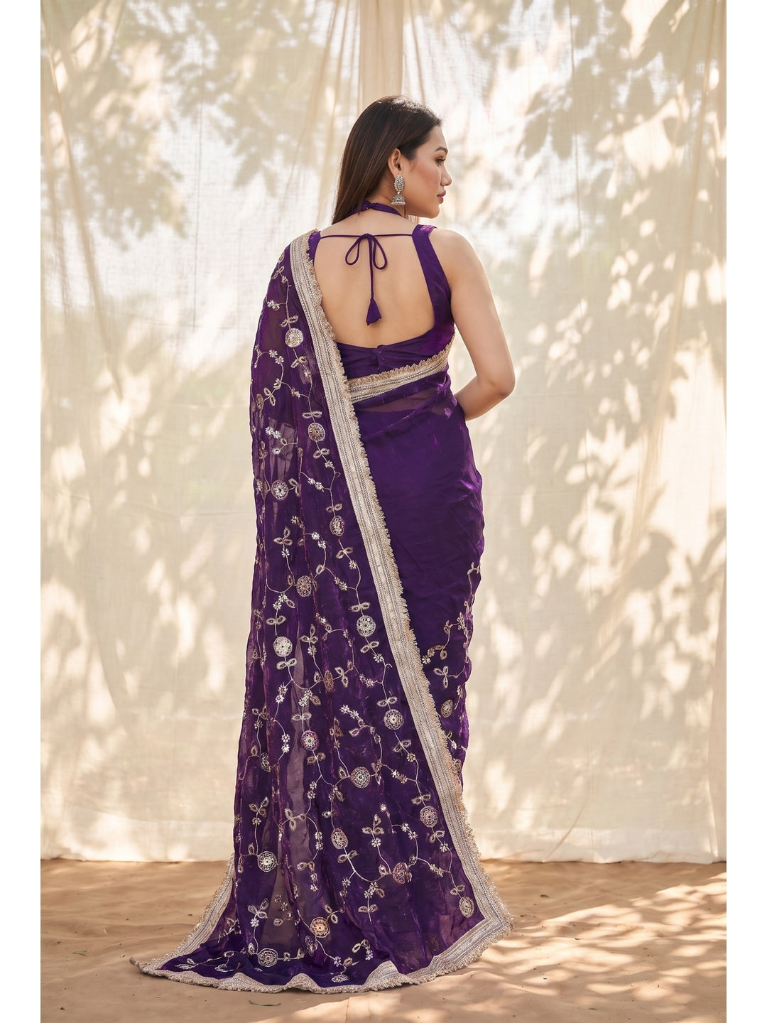 Peachmode Wine Embroidered Satin Saree - Image 2