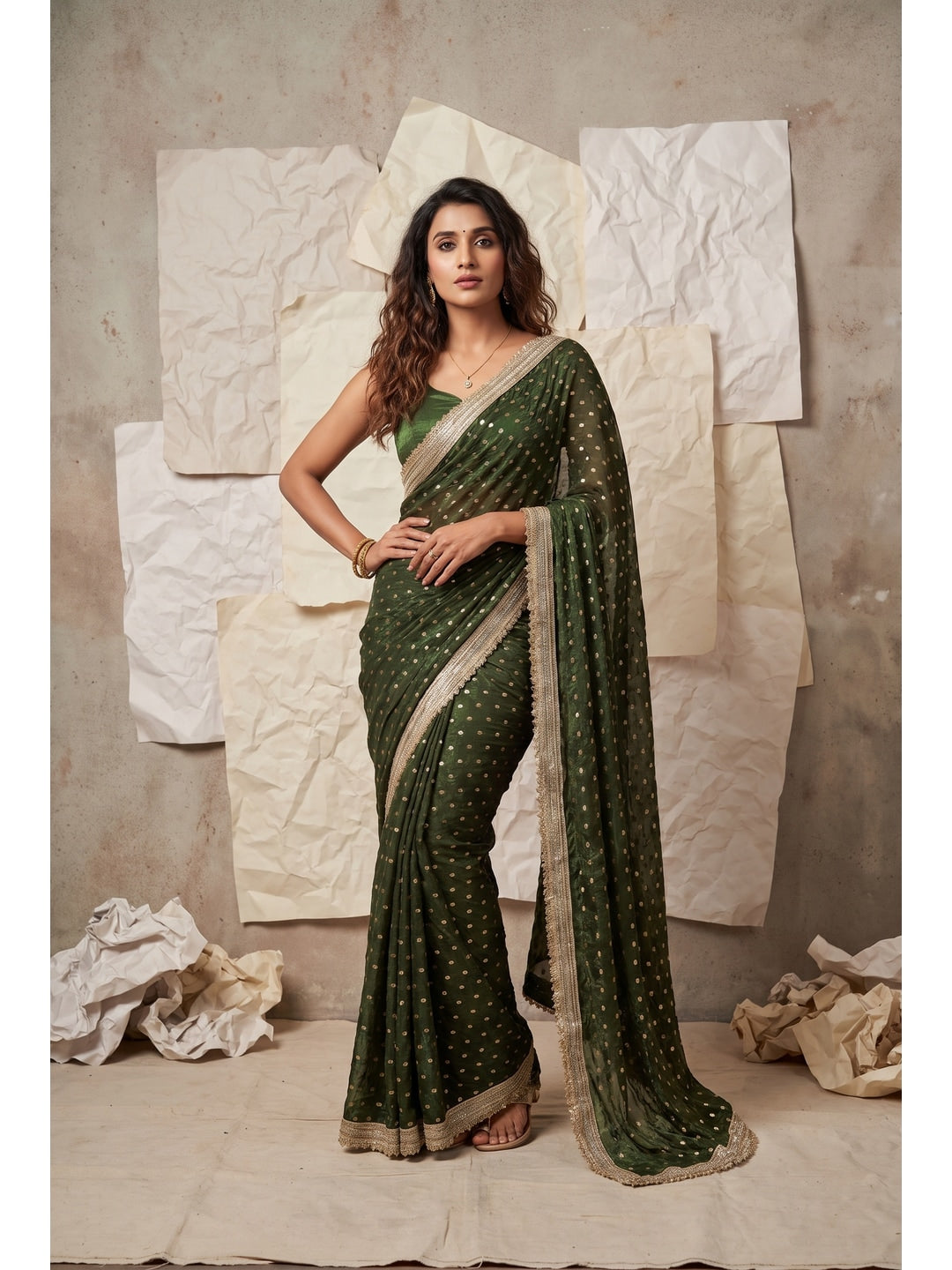 Peachmode Olive Foil Work Satin Saree - Image 1