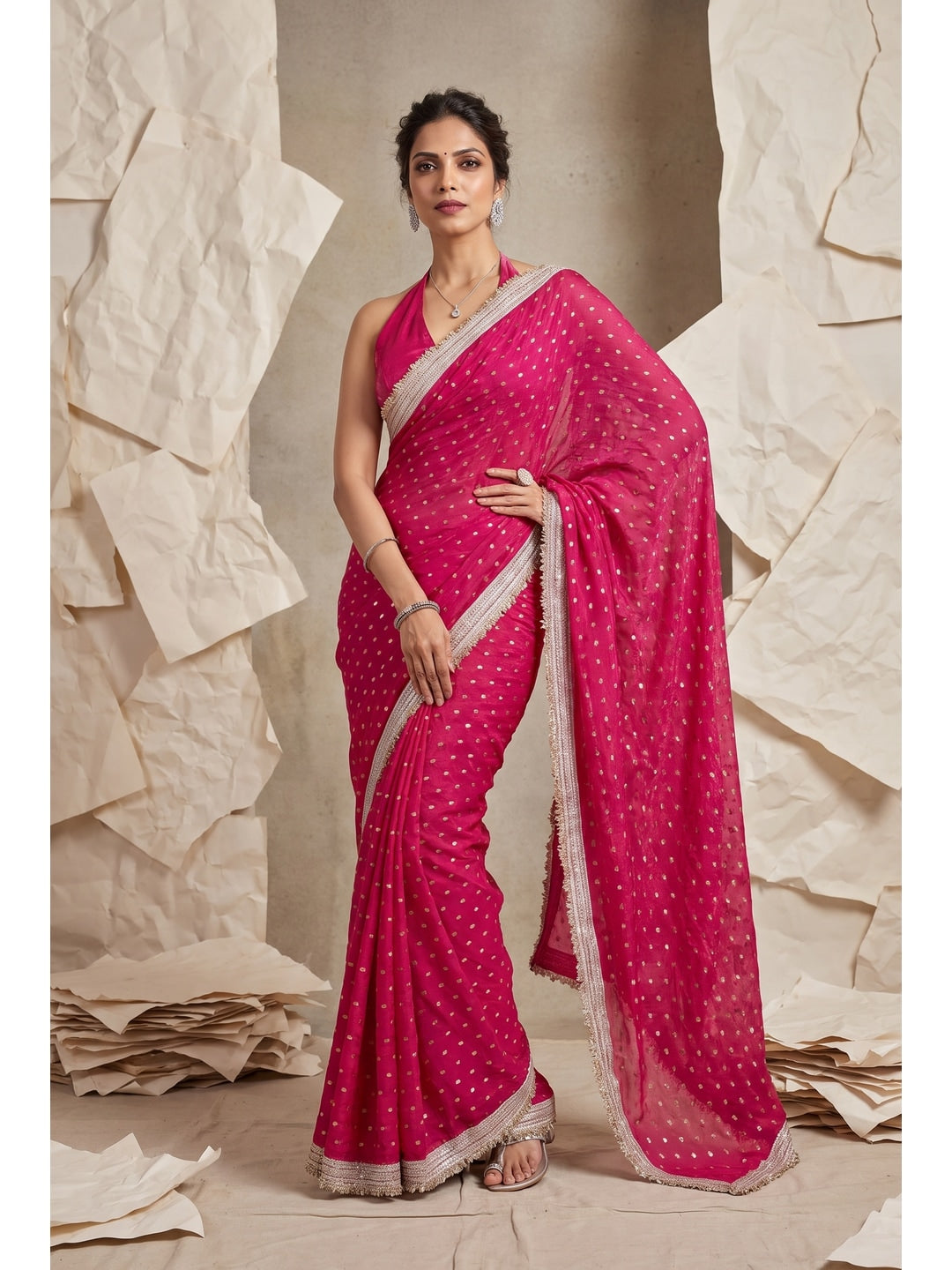 Peachmode Pink Foil Work Satin Saree - Image 1