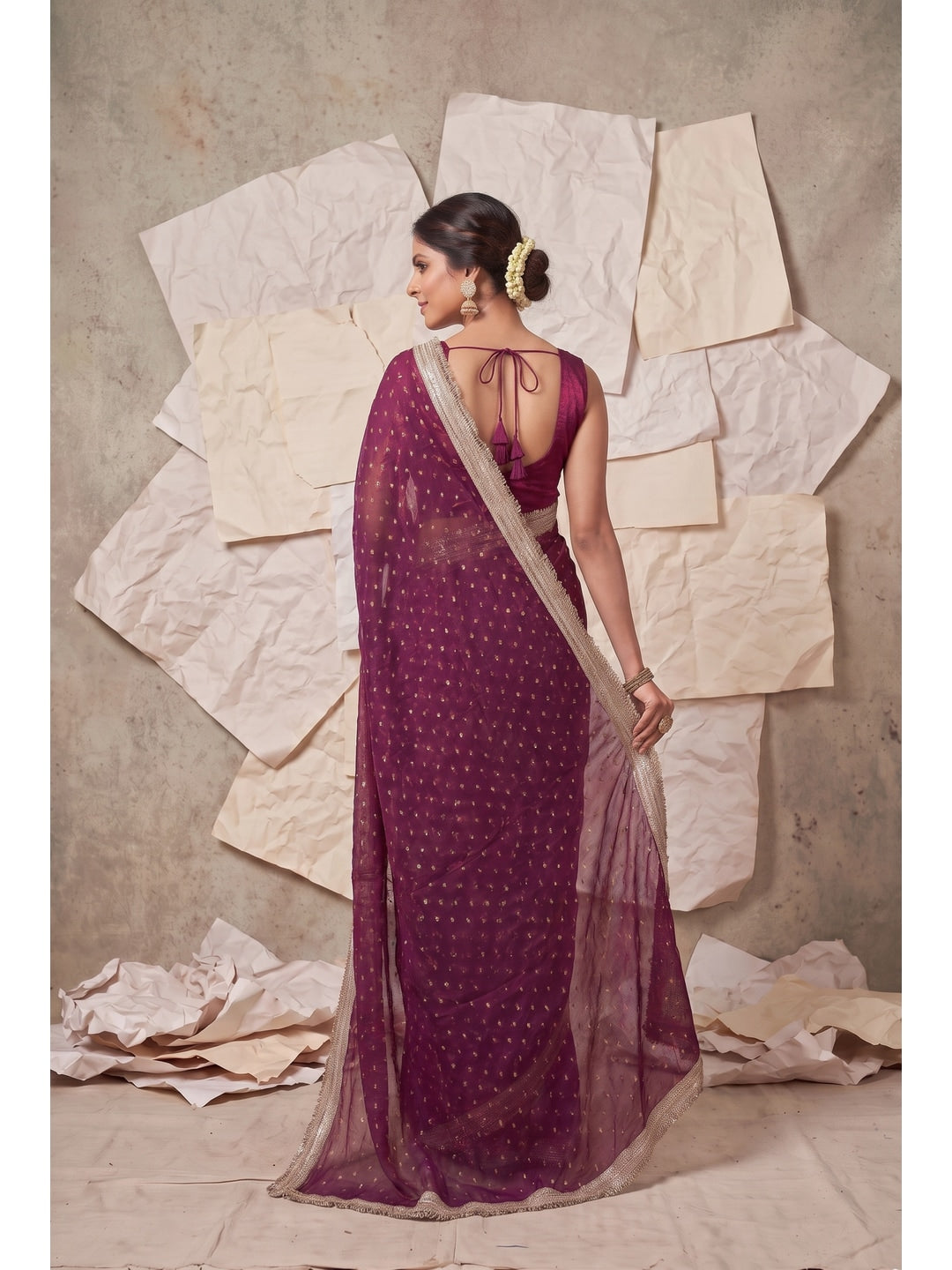 Peachmode Purple Foil Work Satin Saree - Image 3