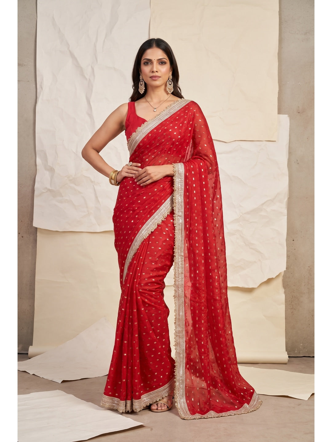 Peachmode Red Foil Work Satin Saree - Image 1