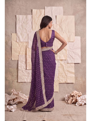 Peachmode Wine Foil Work Satin Saree - Image 2