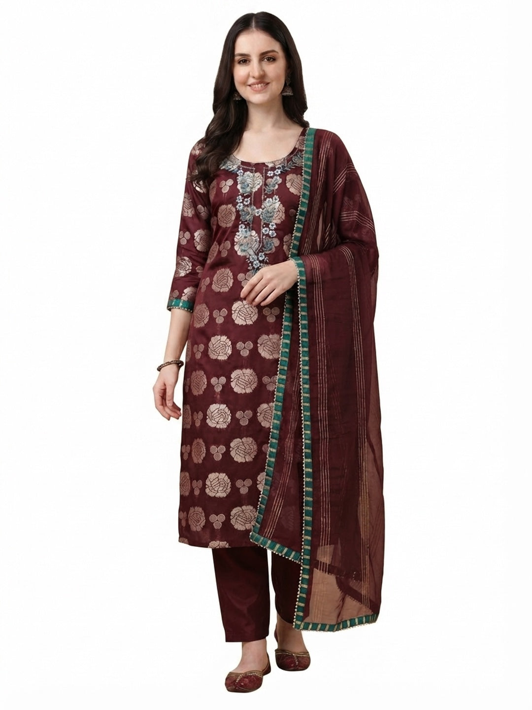 Maroon Woven Banarasi Silk Dress Material - Flat lay