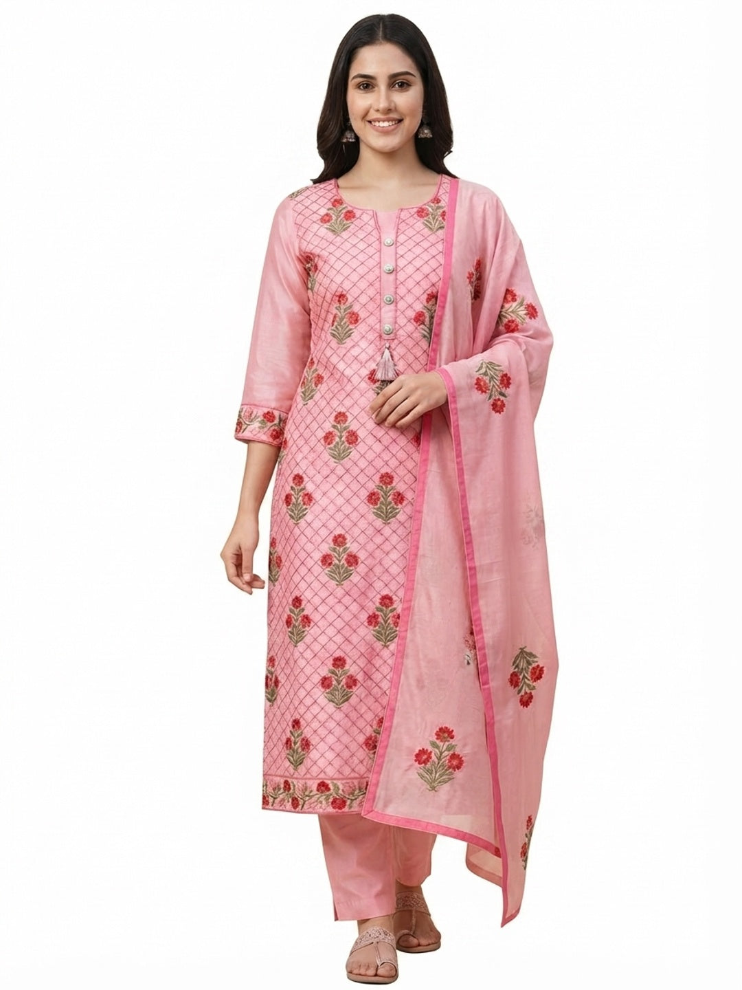 Pink Floral Embroidered Chanderi Dress Material - Flat lay