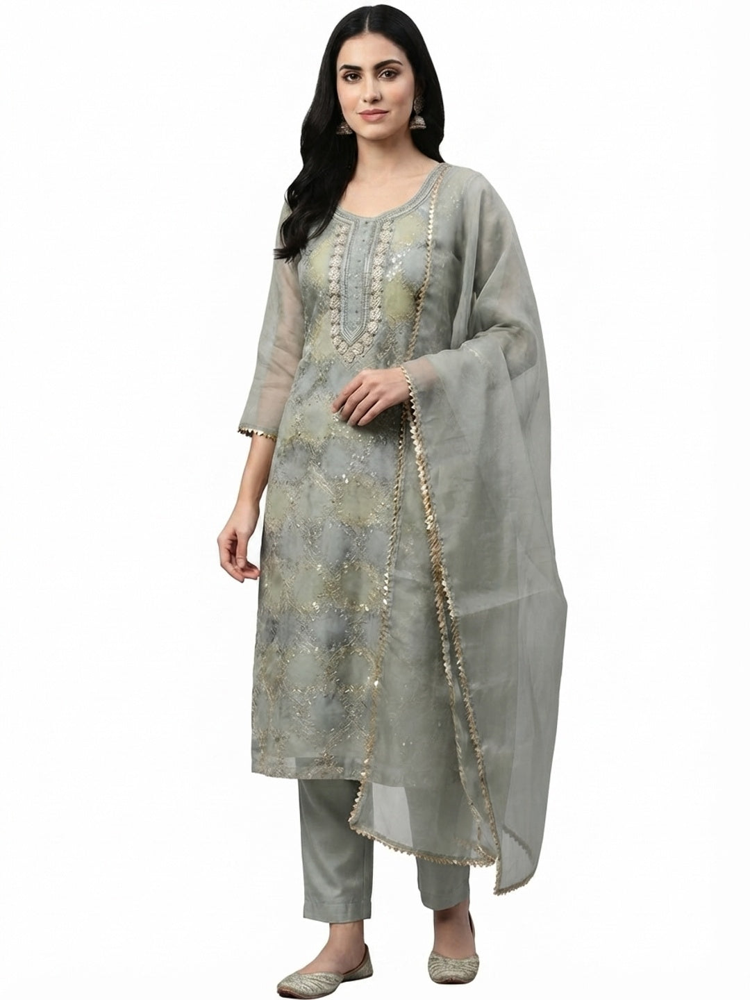 Grey Sequins Embroidered Organza Dress Material - Flat lay