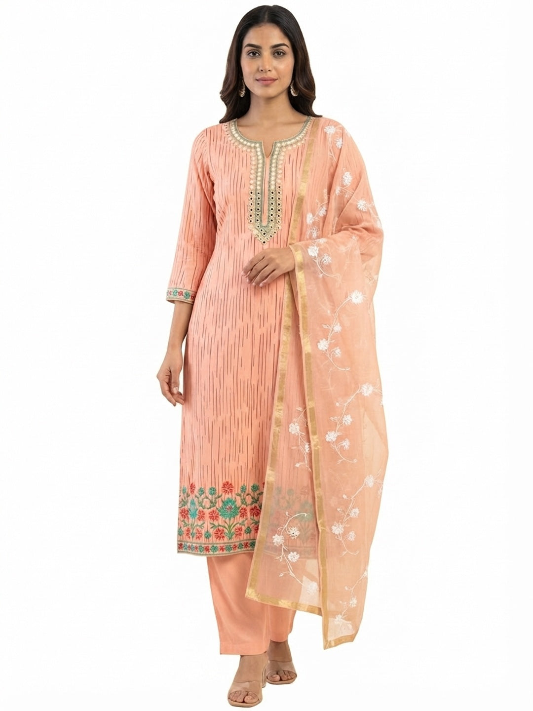 Peach Floral Printed Modal Dress Material - Flat lay