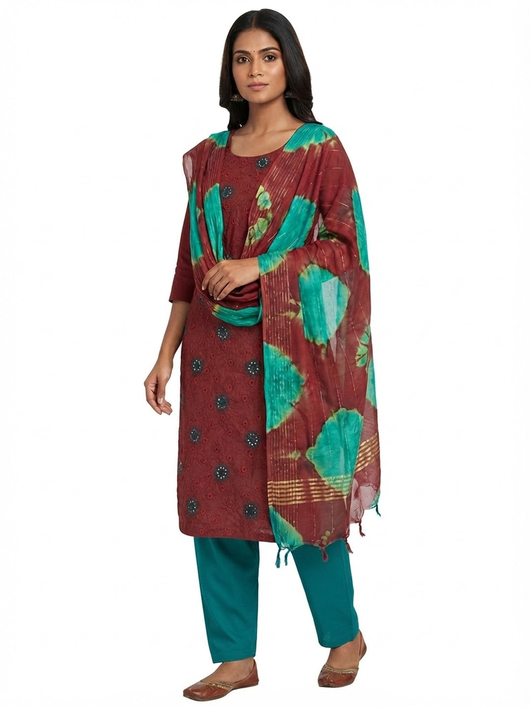 Red Embroidered Sequins Cotton Blend Dress Material - Flat lay