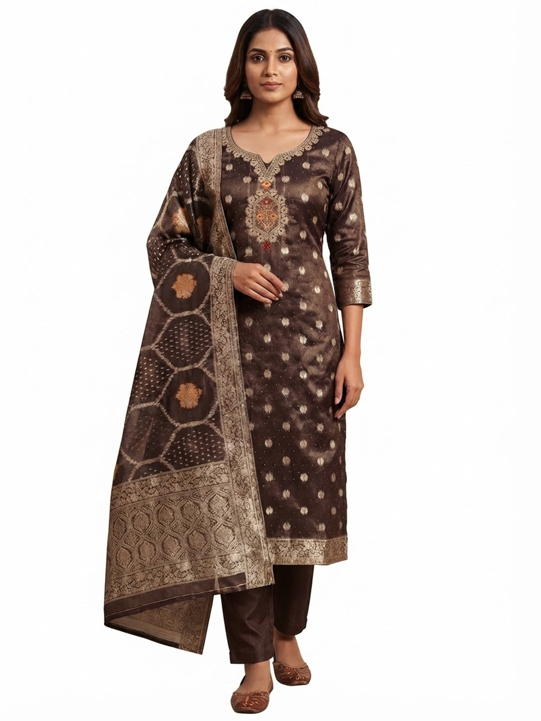 Dark Brown Woven With Stonework Shimmer Jacquard Dress Material - Flat lay