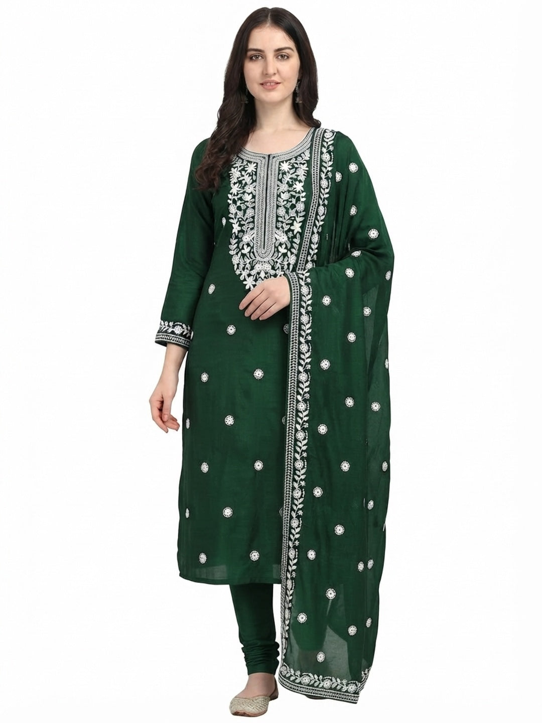 Green Floral Embroidered Vichitra Silk Dress Material - Flat lay