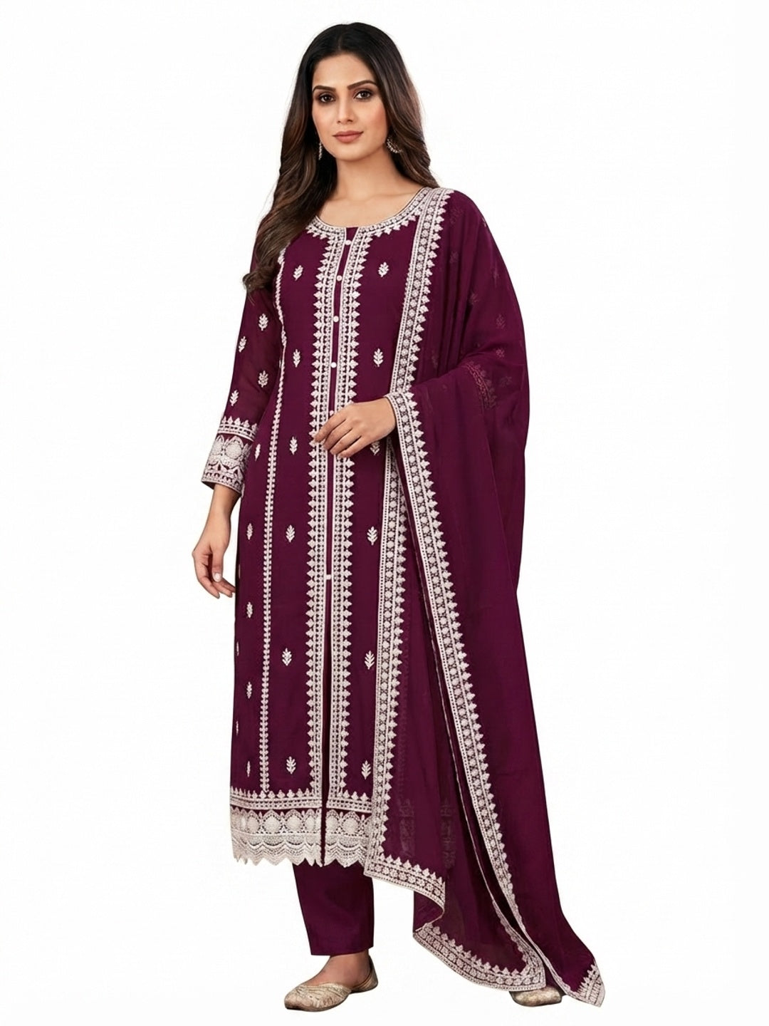 Wine Embroidered Georgette Dress Material - Flat lay