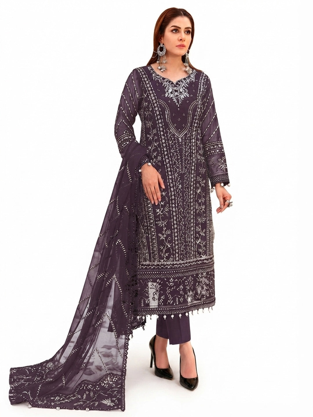 Dark Wine Floral Embroidered Georgette Semi Stitched Pakistani Suit - Flat lay