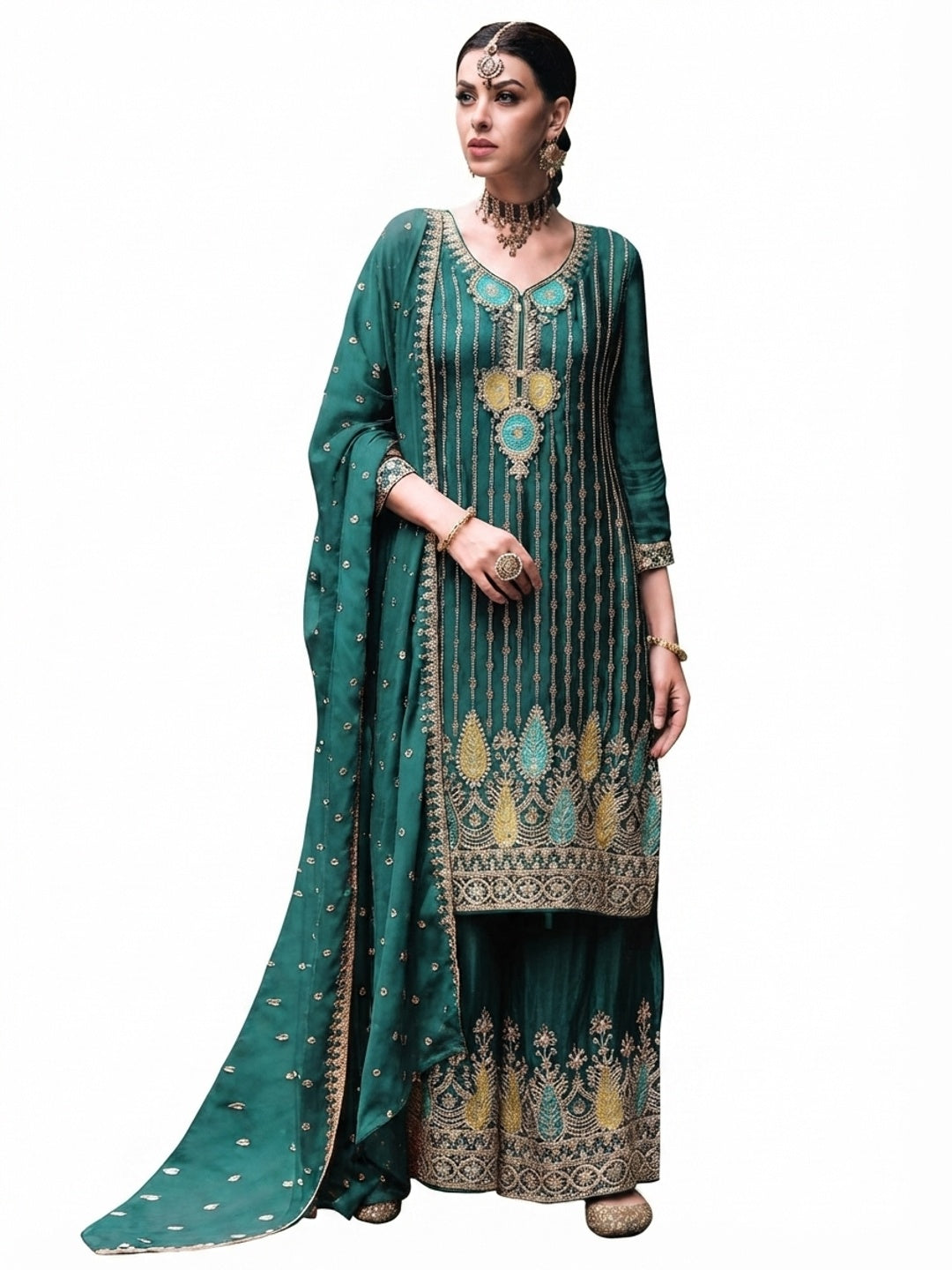 Green Embroidered Chinon Semi Stitched Palazzo Suit - Flat lay