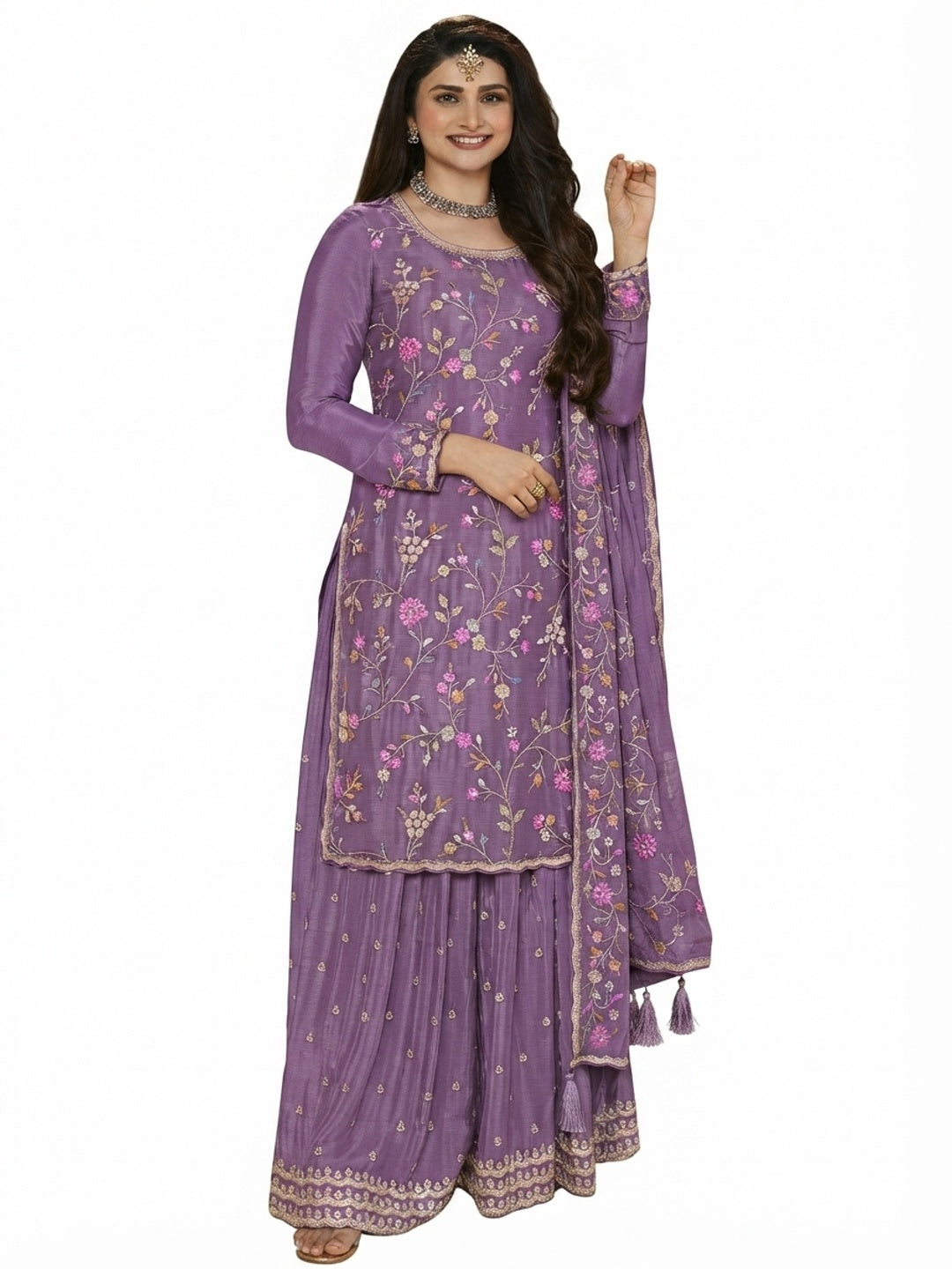 Dusty Purple Floral Embroidered Chinon Sharara Salwar Suit - Flat lay