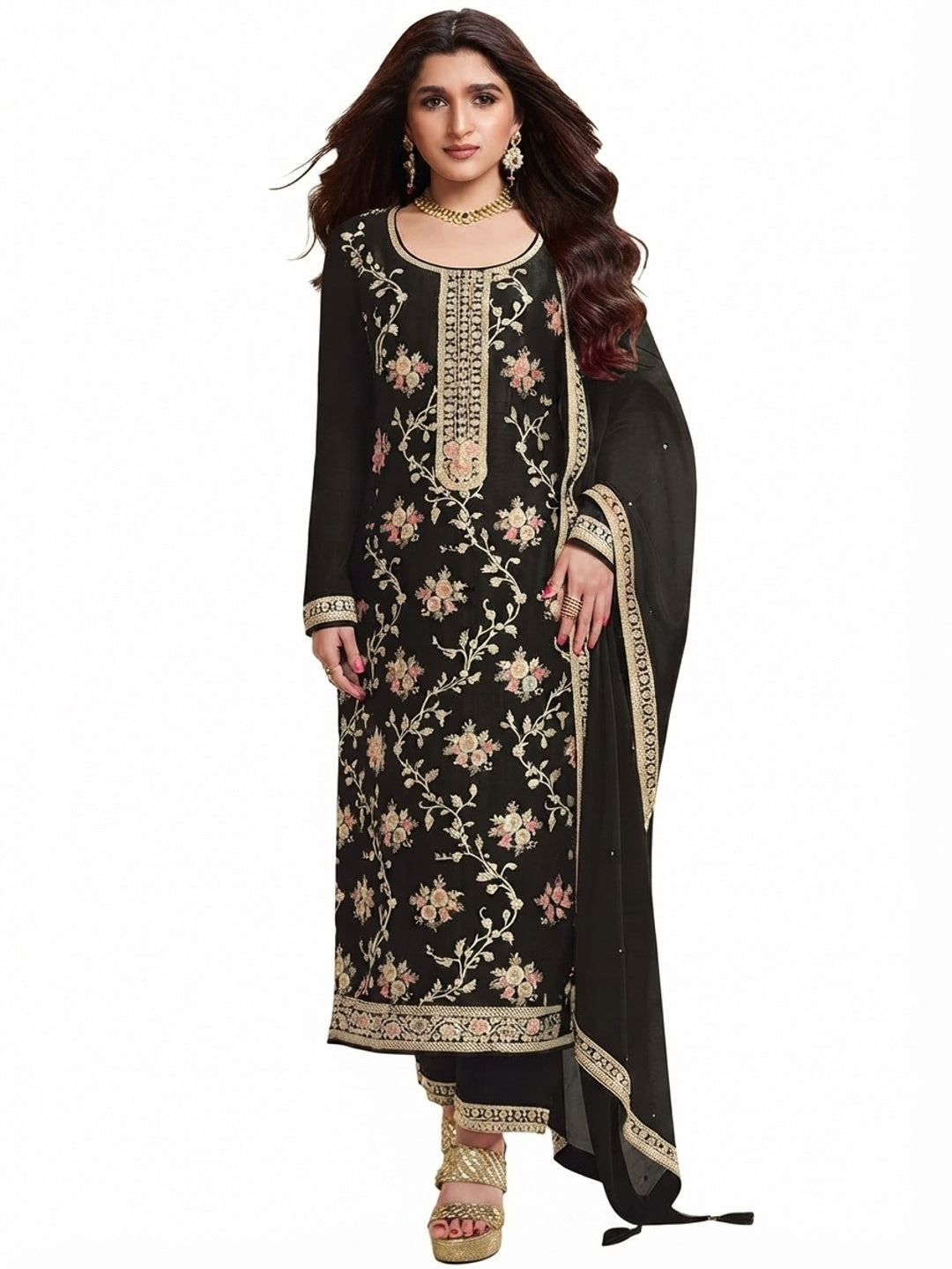 Black Floral Woven With Embroidered Viscose Semi Stitched Suit - Flat lay