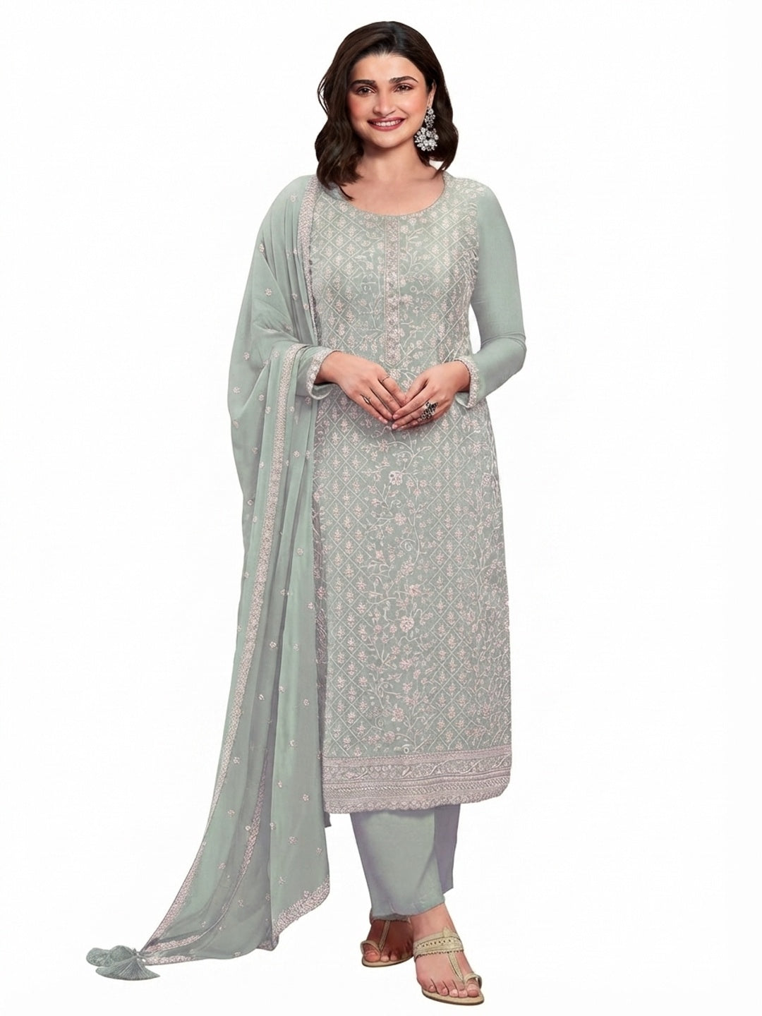 Green Floral Sequins Embroidery Georgette Semi Stitched Salwar Suit - Flat lay