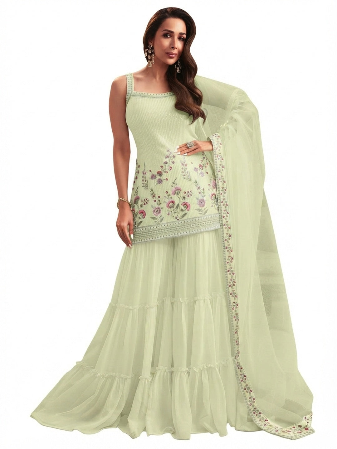 Light Yellow Floral Sequins Embroidery Georgette Semi Stitched Pakistani Suit - Flat lay