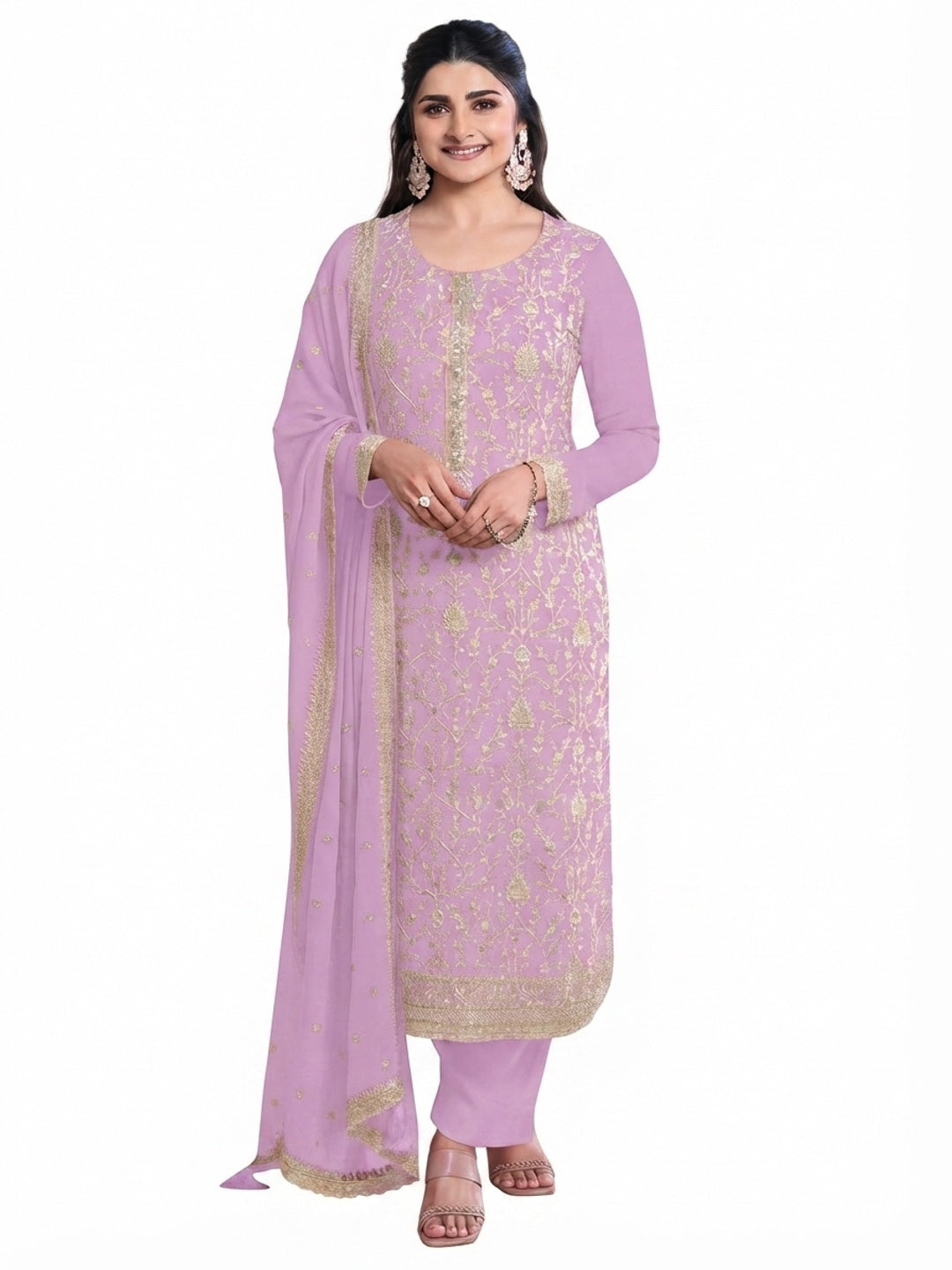Light Pink Floral Sequins Embroidery Georgette Semi Stitched Salwar Suit - Flat lay