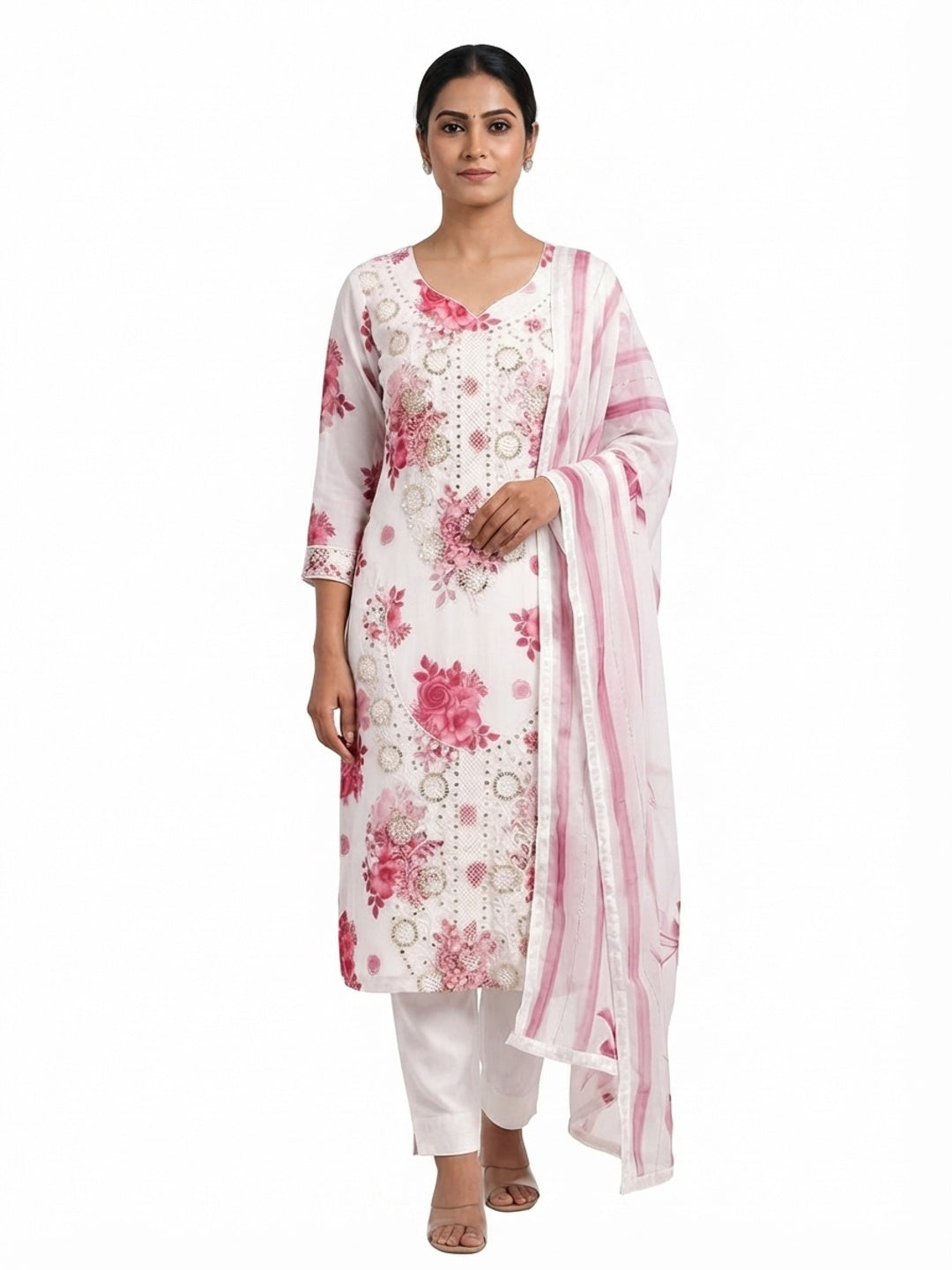 White & Peach Floral Sequins Embroidered Georgette Dress Material With Artistic Digital Prints - Flat lay