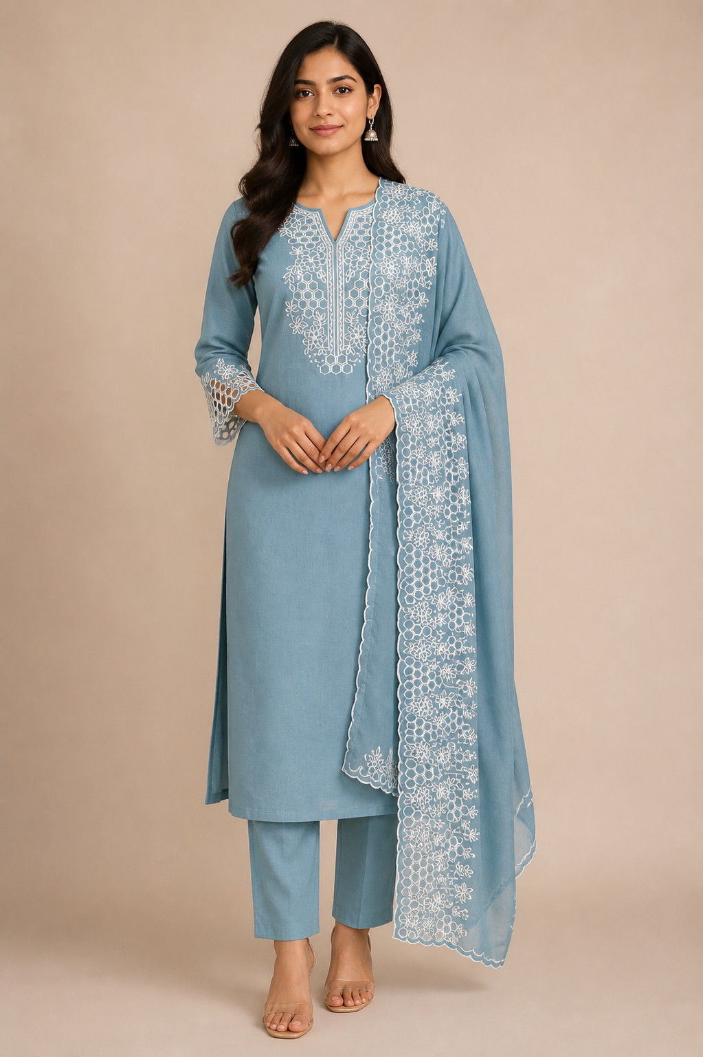 Peachmode Blue Poly Blend Floral Embroidered Salwar Suit Set - Image 1