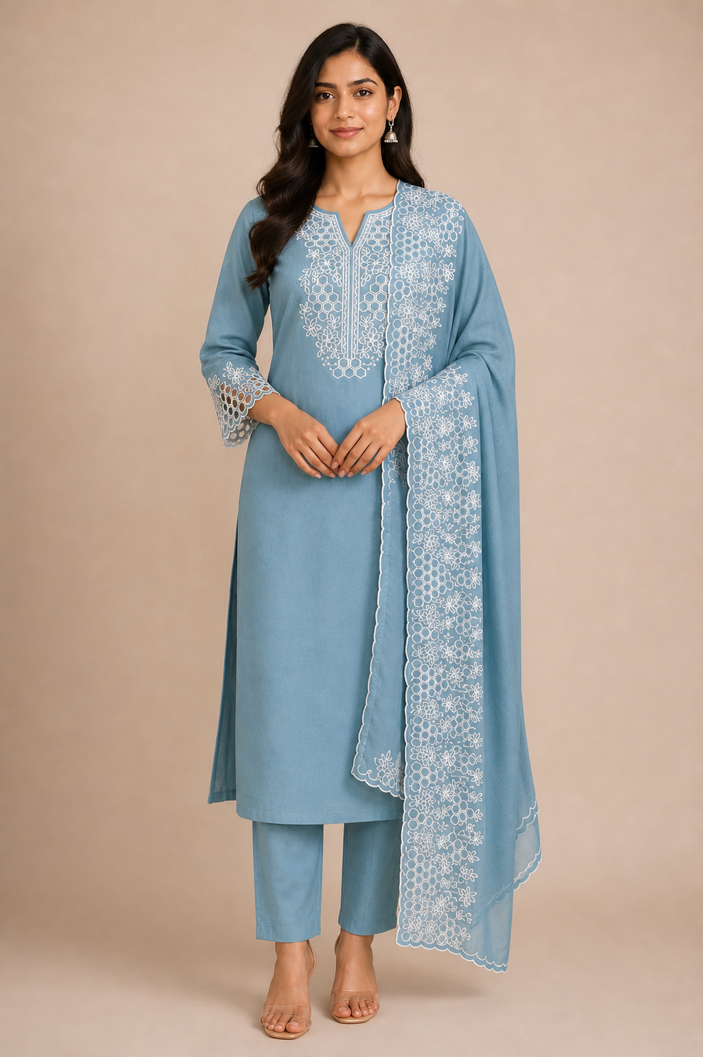 Peachmode Blue Poly Blend Floral Embroidered Salwar Suit Set - Image 2