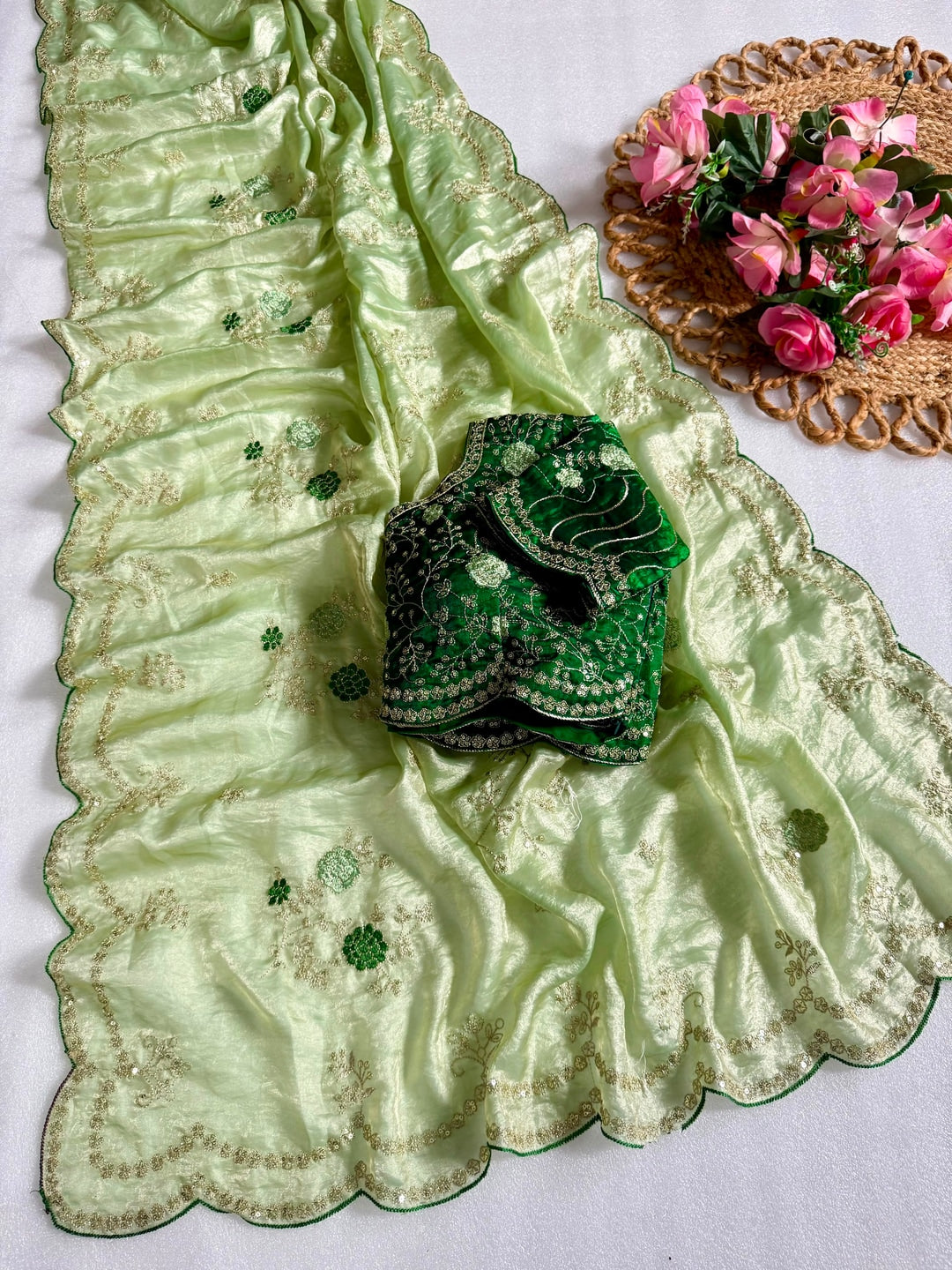 Peachmode Mint Green Sequin Embroidered Fandy Satin Saree - Image 4