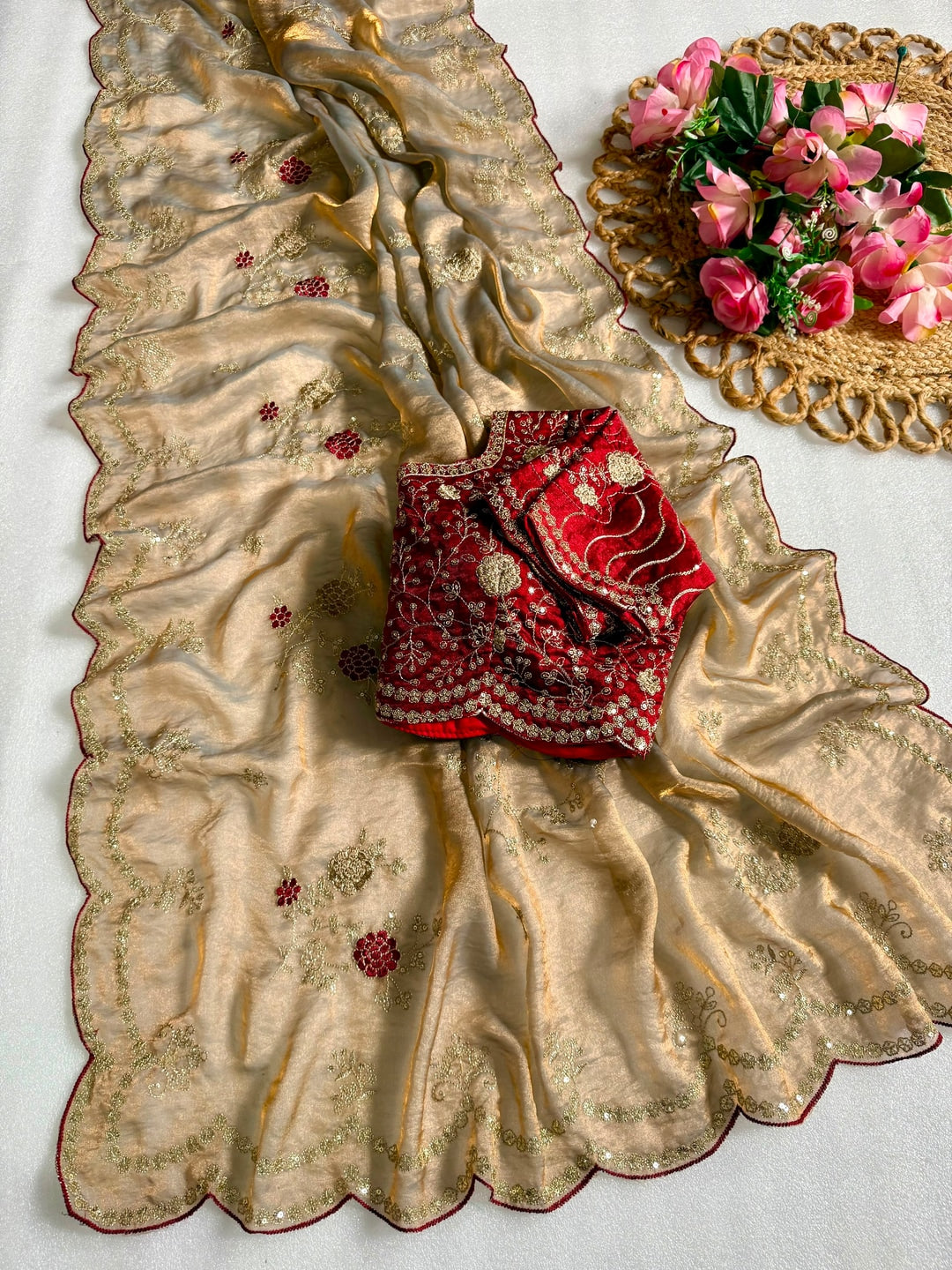 Peachmode Beige Sequin Embroidered Fandy Satin Saree - Image 4