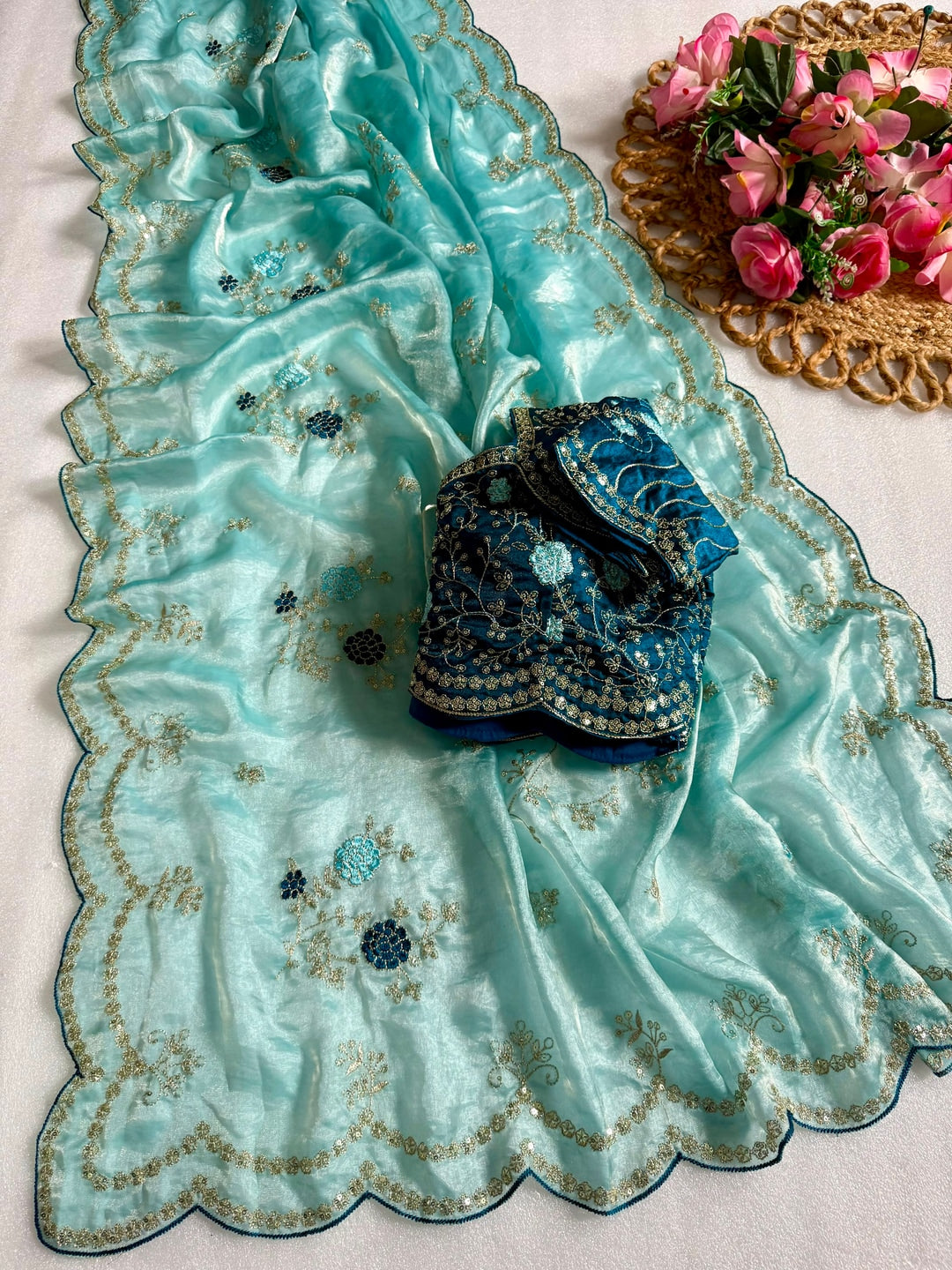 Peachmode Sky Blue Sequin Embroidered Fandy Satin Saree - Image 3