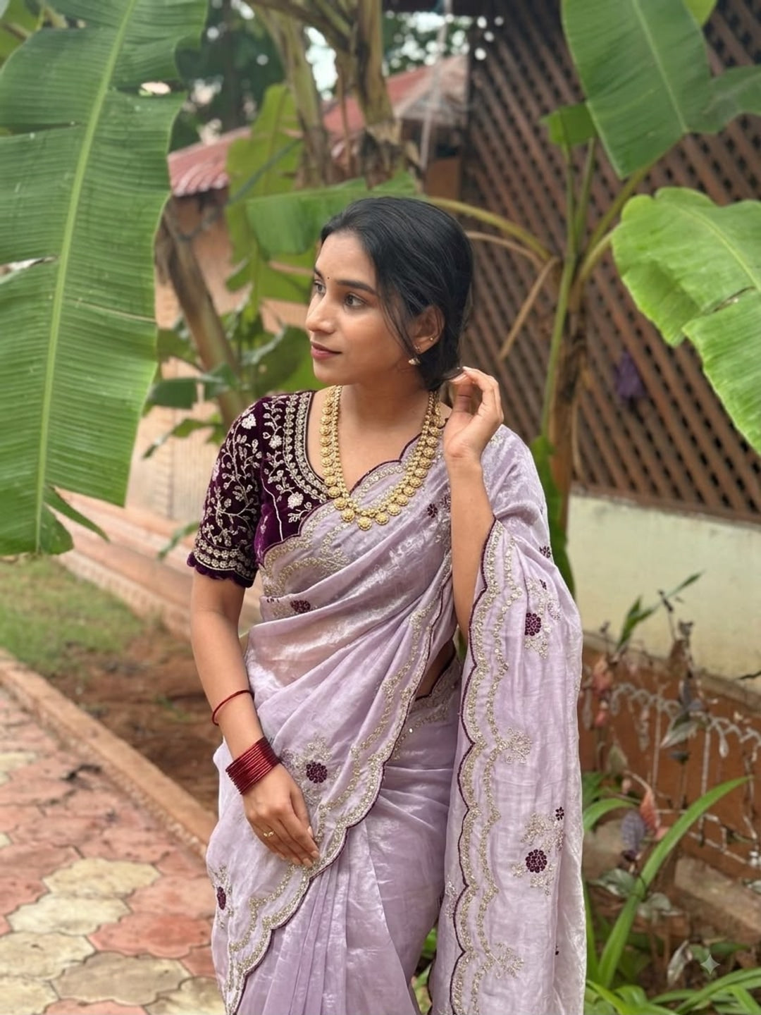 Peachmode Lavender Sequin Embroidered Fandy Satin Saree - Image 2