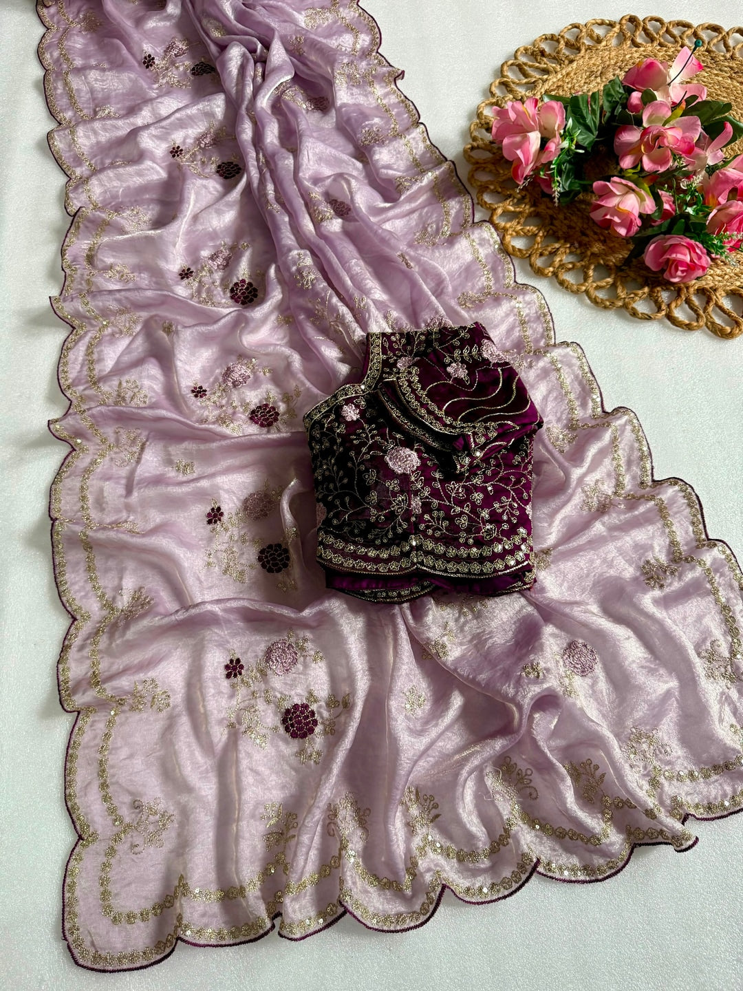 Peachmode Lavender Sequin Embroidered Fandy Satin Saree - Image 3