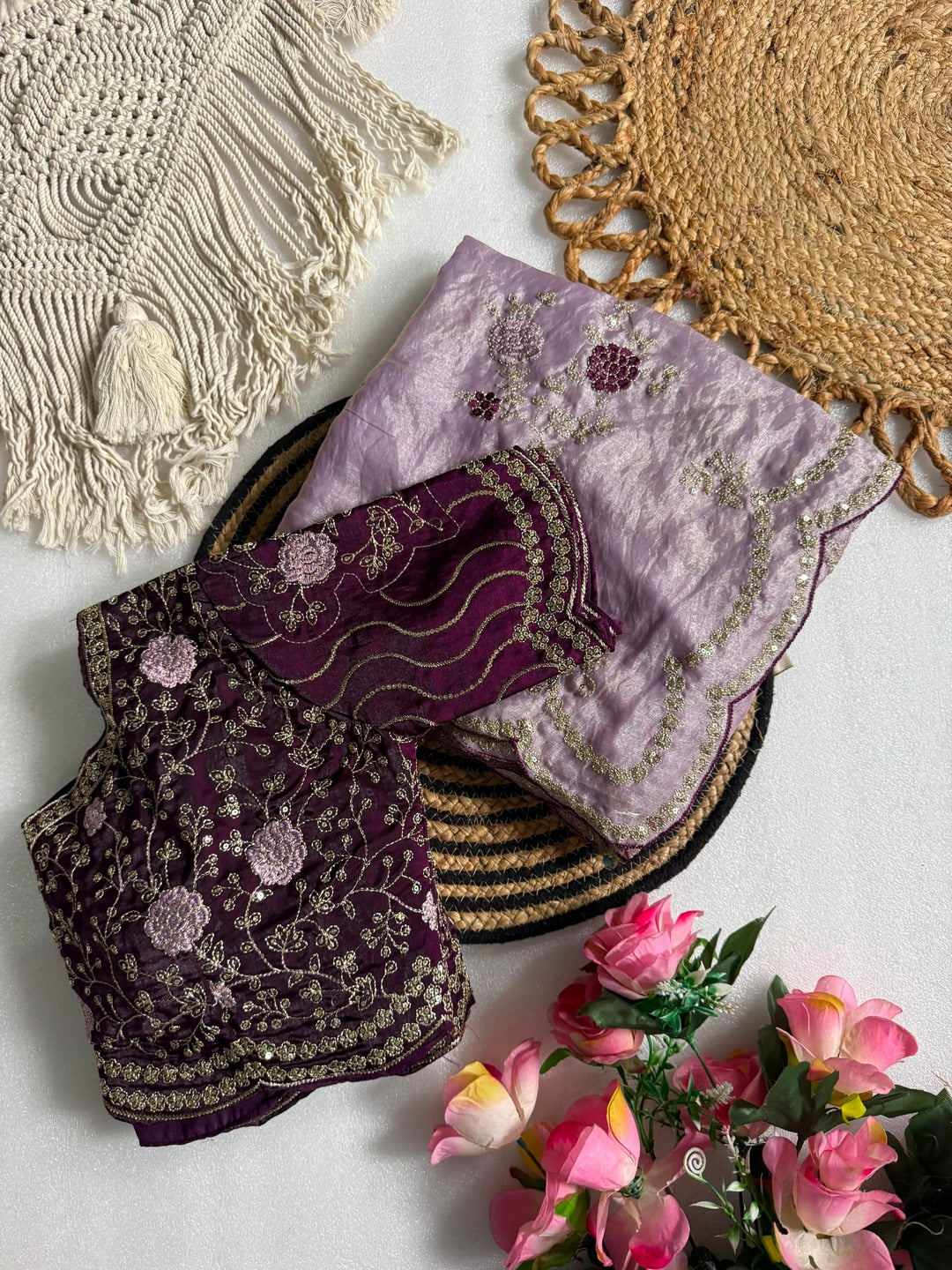 Peachmode Lavender Sequin Embroidered Fandy Satin Saree - Image 4