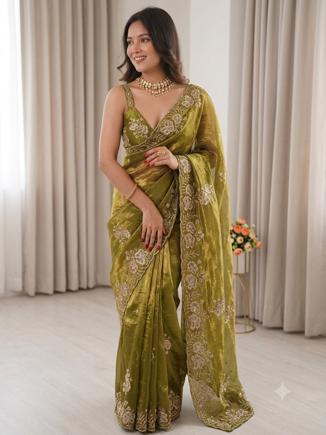Peachmode Olive Green Beaded Embroidered Fandy Satin Saree - Image 1