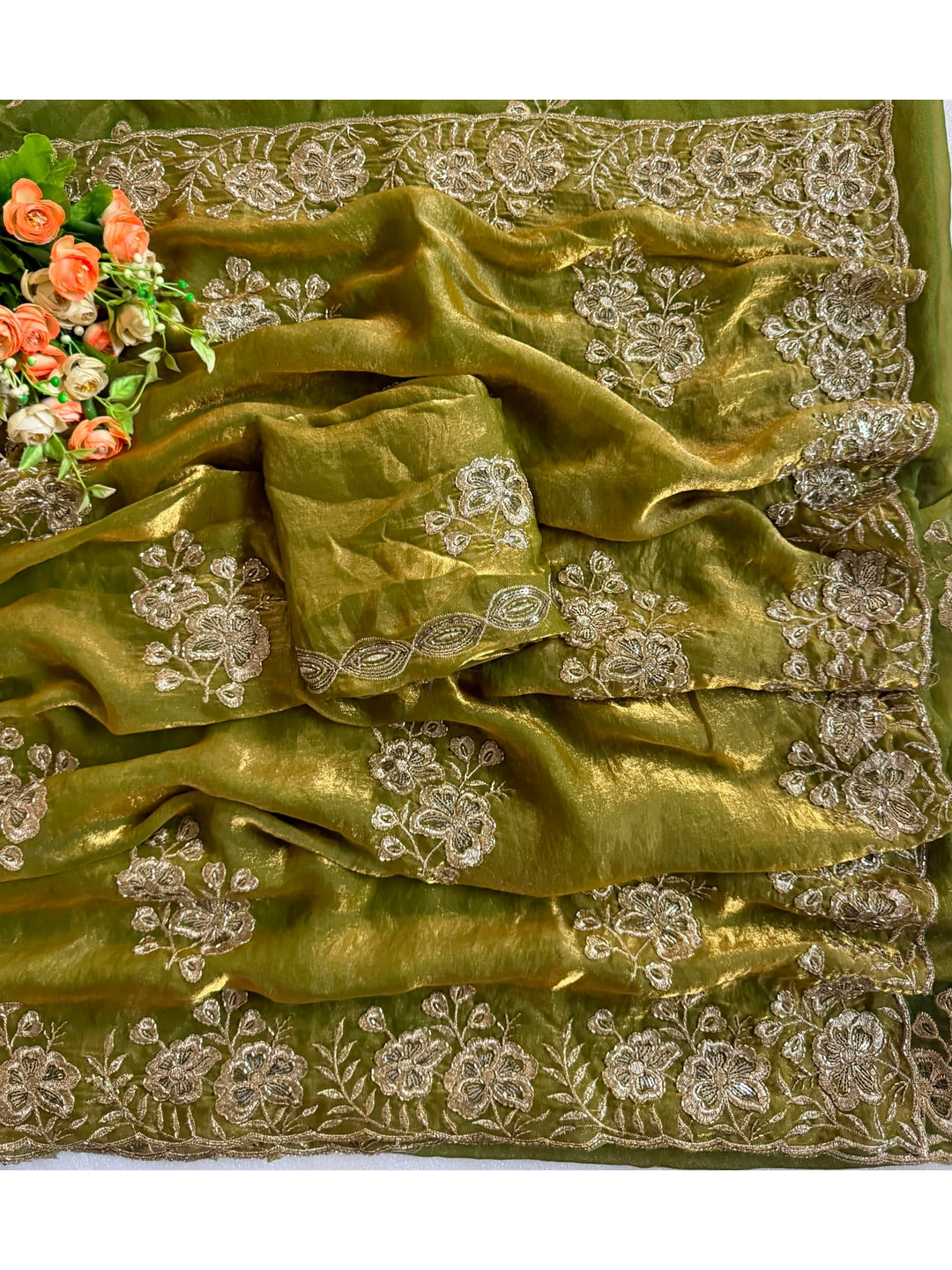 Peachmode Olive Green Beaded Embroidered Fandy Satin Saree - Image 5