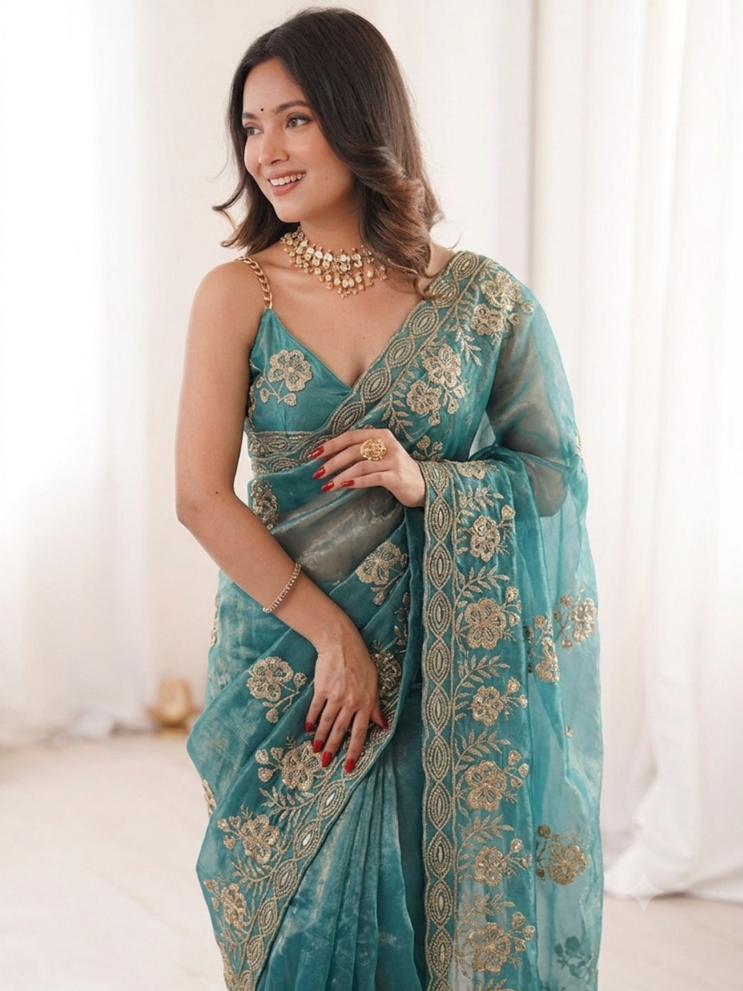 Peachmode Blue Beaded Embroidered Fandy Satin Saree - Image 3