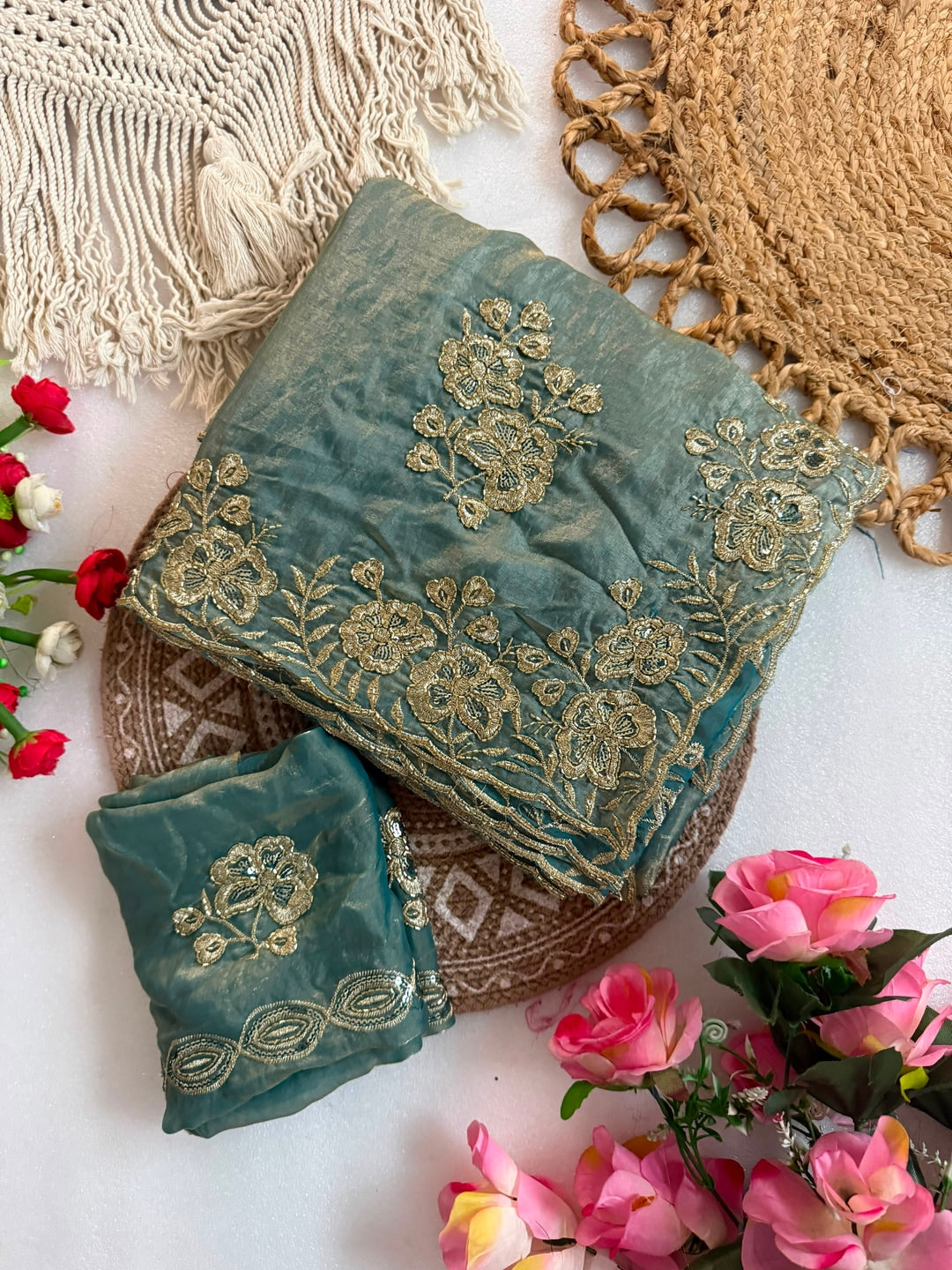 Peachmode Blue Beaded Embroidered Fandy Satin Saree - Image 4
