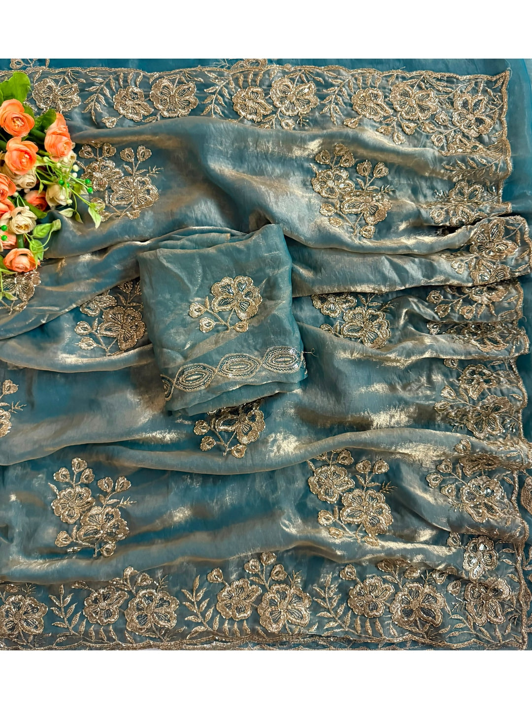 Peachmode Blue Beaded Embroidered Fandy Satin Saree - Image 5