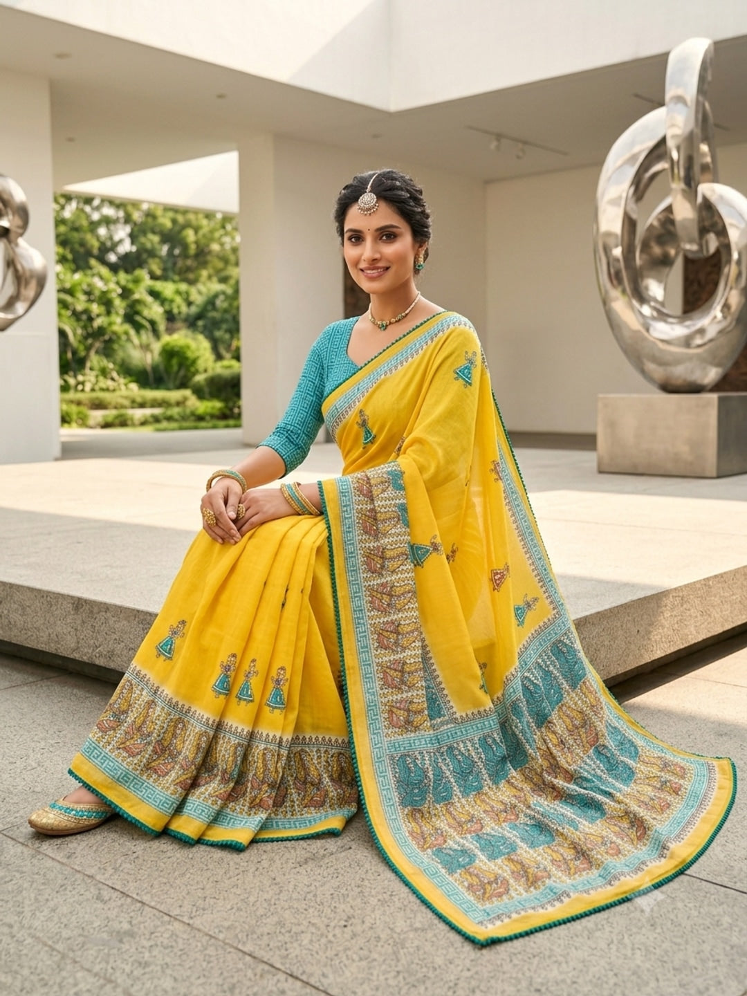 Peachmode Yellow Mirror Work Printed Georgette Saree - Image 1