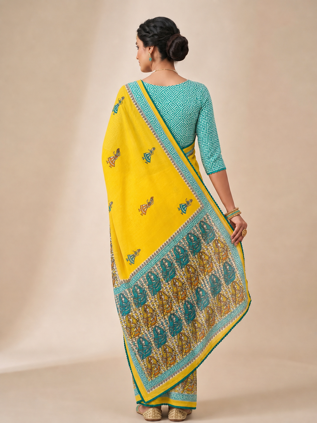 Peachmode Yellow Mirror Work Printed Georgette Saree - Image 5