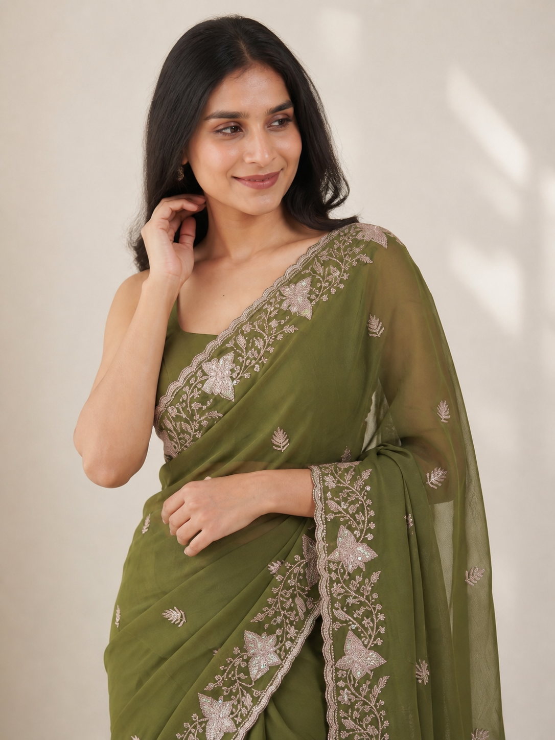 Peachmode Olive Green Sequin Embroidered Star Georgette Saree - Image 2