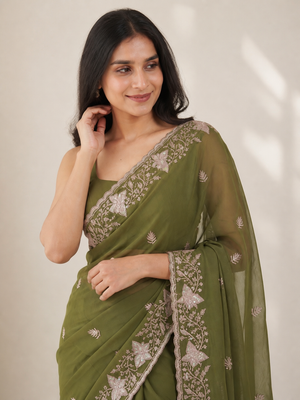Peachmode Olive Green Sequin Embroidered Star Georgette Saree - Image 2