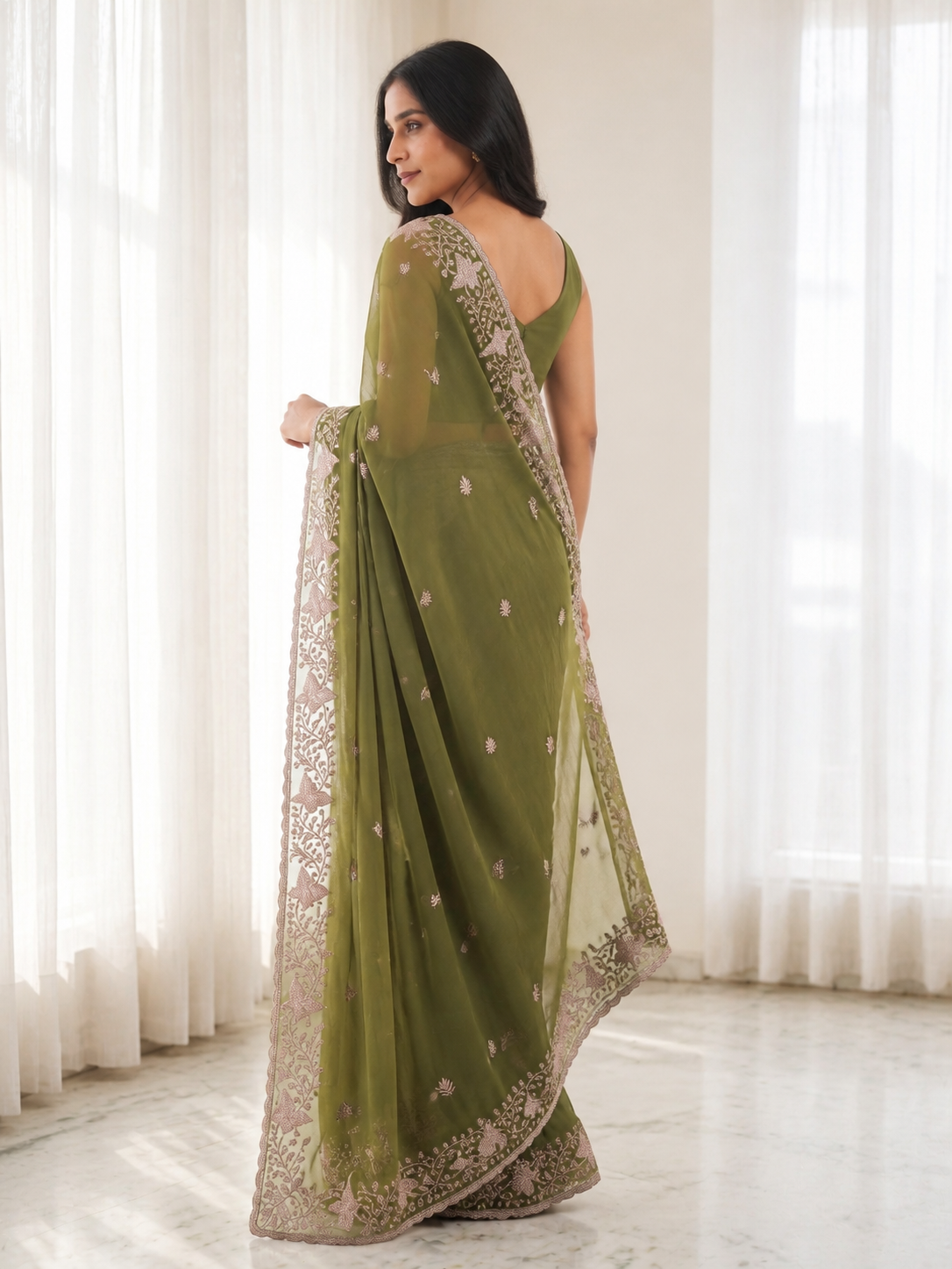 Peachmode Olive Green Sequin Embroidered Star Georgette Saree - Image 4