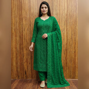 Green Floral Sequins Embroidered Georgette Dress Material - Image 1