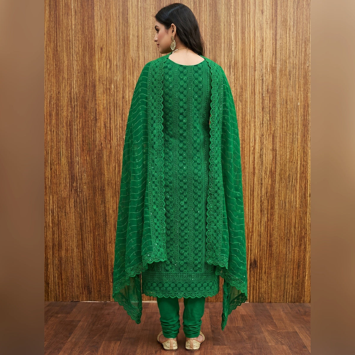 Green Floral Sequins Embroidered Georgette Dress Material - Image 2