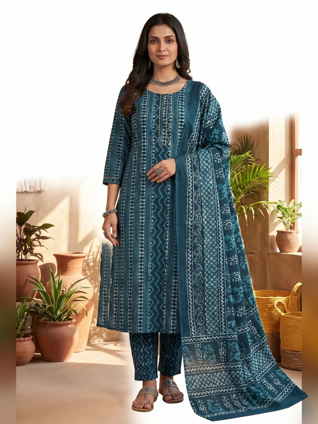 Teal Batik Printed Pure Cotton Unstitched Dress Material for Comfortable Daily Wear - Image 5